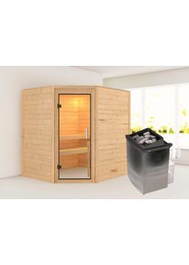 Sauna Karibu "Mia (Fronteinstieg)", beige (naturbelassen), (ohne Ofen), Saunen, Sauna, inklusive Ofenschutzgitter und T&uuml;r, Ofen 9 kW integr. Steuerung