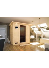 Sauna Karibu "Menja", beige (naturbelassen), Bio-Kombiofen, externe Steuerung, 9 kW, Saunen, Sauna, Ofen 9 kW Bio externe Strg easy