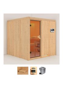 Sauna Karibu "Rodin", beige (naturbelassen), Bio-Kombiofen, externe Steuerung, 9 kW, Saunen, Sauna, Ofen 9 kW Bio externe Strg easy