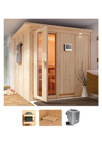 Sauna Karibu "Romina", beige (naturbelassen), Bio-Kombiofen, externe Steuerung, 9 kW, Saunen, Sauna, Ofen 9 kW Bio externe Strg easy