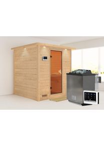 Sauna Karibu "Menja", beige (naturbelassen), Bio-Kombiofen, externe Steuerung, 9 kW, Saunen, Sauna, Ofen 9 kW Bio externe Strg easy
