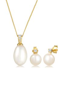 Ohrring und Ketten Set Elli DIAMONDS "Schmuckset Set mit Perlen Diamant Wei&szlig; Brillantschliff (0.11ct) 585 Gelbgold" Gr. 45, gold, Schmuck_Sets, Damen, Blacklist, Gelbgold 585, Ohrring und Ketten Set