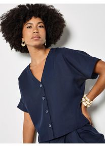 Shirtbluse Apricot "Leichtes Shirt mit V-Ausschnitt", Damen, Gr. XS (34), blau (navy), gewebt, Obermaterial: 96% LyocellTENCEL LyoT. 4% Leinen LI., uni, V-Ausschnitt, Gerade, Blusen Shirtbluse, mit Knopfleiste