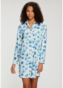 Nachthemd, Damen, Gr. 48/50, N-Gr, blau gebl&uuml;mt, Single Jersey, Obermaterial: 50% Baumwolle, 50% Viskose, VIVANCE DREAMS BY LASCANA, bedruckt, loose fit kurz, eingesetzt Manschette, Kleider Nachthemd, mit durchgehender Knopfleiste