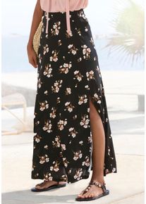 Maxirock Vivance "mit Schlitz vorne seitlich und Blumendruck", Damen, Gr. 46, schwarz (schwarz, koralle bedruckt), Jersey, Obermaterial: 100% Viskose, bedruckt, lang, R&ouml;cke Maxirock, langer Sommerrock, luftiger Jerseyrock, bequemer Rock mit Gummibund, Topseller
