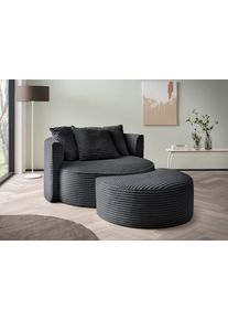 XXL-Sessel "ISALIE Cord, Rundsessel mit Hocker, Lesesessel, Loveseat, Big-Sessel", grau (anthrazit), B:153cm H:98cm T:208cm, LeGer Home by Lena Gercke, Sessel, XXL-Sessel, trendige Bezugsstoffe, 3 Zierkissen, gro&szlig;e Sitzfl&auml;che