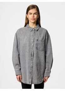 Jeansbluse Pieces "PCMAISIE LS DENIM SHIRT NOOS BC", Damen, Gr. XS, grau (grau denim), Denim/Jeans, Obermaterial: 100% Baumwolle, unifarben, oversize h&uuml;ftbedeckend, Blusen Jeansbluse