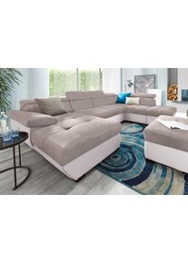 Wohnlandschaft COTTA "Speedway U-Form", beige (schlamm, schlamm), B:332cm H:79cm T:102cm, Kunstleder SOFTLUX / Luxus-Microfaser (100% Polyester);Flachgewebe (100% Polyester) / Struktur fein ( 100% Polyester);Kunstleder SOFTLUX / Struktur (100% Polyester), Sofas, Wohnlandschaft, mit Kopfteilverstellung, wahlweise mit Bettfunktion & Bettkasten