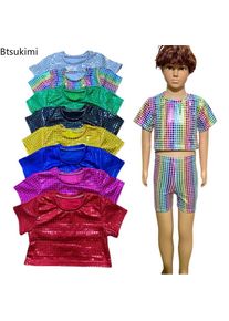 Summer Kids Boy Girl Hip Hop Jazz Outfits Set Short Sleeve Metallic Disco Crop Tops Cheerleading Children's Performance Costume