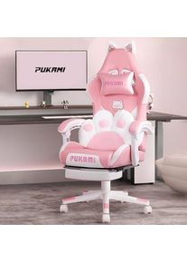 Pink Gaming Chair Cute with Cat Ears and Cat Paw Lumbar Cushion, Ergonomic Computer Chair for Girl with Footrest and