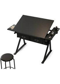 Adjustable Drafting Table with 2 Drawers and Stool, Tilting Tabletop Drawing Desk for Artists and Students, Modern