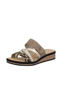 Pantolette Rieker, Damen, Gr. 37, beige (beige, leo, goldfarben), Lederimitat, mehrfarbig, Schuhe Pantolette, Keilabsatz, Sommerschuh, Schlappen mit Klettriemchen