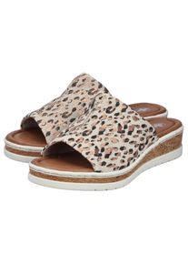 Pantolette Rieker, Damen, Gr. 43, bunt (beige, kombiniert), Lederimitat, metallic, Schuhe Pantolette, Sommerschuh, Hausschuh, Keilabsatz, zum Schlupfen