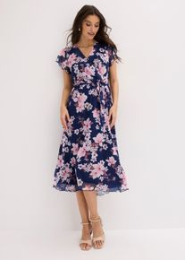 Midikleid bonprix, Damen, Gr. 52/54 (XXL), N-Gr, dunkelblau gebl&uuml;mt, Obermaterial: 95% Polyester, 5% Elasthan. Futter: 95% Viskose, 5% Elasthan, ausgestellt, Kleider Midikleid, ausgestellte Passform, mit Bindeg&uuml;rtel, Kurzarm-Design