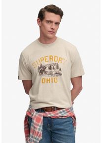 Rundhalsshirt Superdry "WILD FRONTIER RLXD TEE", Herren, Gr. XL, pumice beige marl, Single Jersey, Obermaterial: 100% Baumwolle, bedruckt, meliert, loose fit normal, Rundhals, Shirts Rundhalsshirt, Baumwolle, loose fit