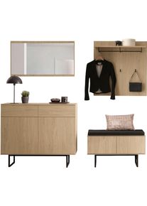 Garderoben-Set Home Affaire "Lund, moderne Garderobe, Komplettset mit viel Stauraum", stone oak, B:215cm H:200cm T:40cm, Holzwerkstoff, Kastenm&ouml;bel-Sets, Garderoben-Set, enth&auml;lt Kommode, Spiegel, Garderobenpaneel, Schuhbank inkl. Sitzkissen