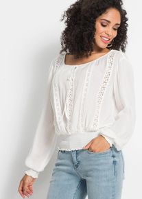 Schlupfbluse bonprix, Damen, Gr. 48, wollwei&szlig;, Obermaterial: 100% Viskose, bequem, Blusen Schlupfbluse, mit Crochet Spitze, aus Viskose, ohne Kn&ouml;pfe