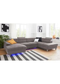 Wohnlandschaft COTTA "Komaris U-Form, B: 320 cm", grau (schwarzgrau), B:320cm, Microfaser PRIMABELLE (100% Polyester);Kunstleder SOFTLUX;Feinstruktur (100% Polyester);Kunstleder SOFTLUX/Struktur (100% Polyester);NaturLEDER, Sofas, Wohnlandschaft, mit Kopfteilverstellung, optional Schlaffunktion, Bettkasten & Licht