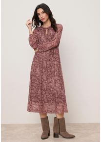 Midikleid Tamaris "mit figurschmeichelnder Passform", Damen, Gr. 44/46, N-Gr, braun (braun, rosa gemustert), Mesh, Jersey, Obermaterial: 95% Polyester, 5% Elasthan. Futter: 100% Polyester, Paisley, gemustert, festlich, figurbetont wadenlang, Rundhals, Kleider Midikleid, mit Cut-Out Ausschnitt und modernem Muster
