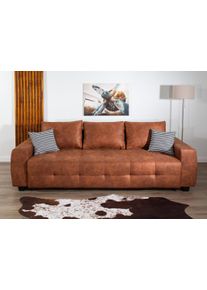 Schlafsofa OTTO HOME "Bella B: 241 cm, Liegefl. 142x194 cm mit Bettkasten & Zierkissen", braun (cognac), B:241cm H:90cm T:94cm, Zierkissen: 100% Polyester;Microfaser PRIMABELLE (100% Polyester);Struktur fein (100% Polyester), Sofas, Schlafsofa, Schlafcouch mit G&auml;stebett, 2 Zierkissen inklusive, frei stellbar