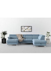 Sit & More Wohnlandschaft SIT & MORE "Marano U-Form", blau (hellblau), B:304cm T:216cm, 98% Polyester, 2% Polyamid, Sofas, Wohnlandschaft, inklusive Kopfteilverstellung, optional Schlaffunktion & Bettkasten