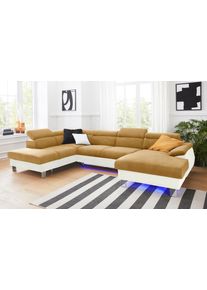 Wohnlandschaft COTTA "Komaris U-Form, B: 320 cm", beige (creme, mustard), B:320cm, Microfaser PRIMABELLE (100% Polyester);Kunstleder SOFTLUX;Feinstruktur (100% Polyester);Kunstleder SOFTLUX/Struktur (100% Polyester);NaturLEDER, Sofas, Wohnlandschaft, mit Kopfteilverstellung, optional Schlaffunktion, Bettkasten & Licht