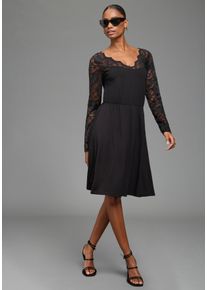 Spitzenkleid Laura Scott "mit elastischer Taille", Damen, Gr. 42, N-Gr, schwarz, Jersey, Obermaterial: 95% Viskose, 5% Elasthan, unifarben, figurbetont kniefrei, V-Ausschnitt, Kleider Spitzenkleid, aus Viskose-Jersey, figurbetonte Passform mit schwingendem Rock