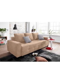 Schlafsofa OTTO HOME "Bella B: 241 cm, Liegefl. 142x194 cm mit Bettkasten & Zierkissen", braun (hellbraun), B:241cm H:90cm T:94cm, Zierkissen: 100% Polyester;Microfaser PRIMABELLE (100% Polyester);Struktur fein (100% Polyester), Sofas, Schlafsofa, Schlafcouch mit G&auml;stebett, 2 Zierkissen inklusive, frei stellbar