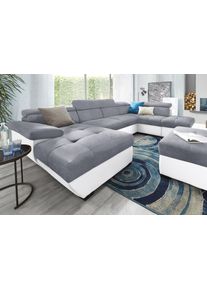 Wohnlandschaft COTTA "Speedway U-Form", grau (wei&szlig;, grau), B:332cm H:79cm T:102cm, Kunstleder SOFTLUX / Luxus-Microfaser (100% Polyester);Flachgewebe (100% Polyester) / Struktur fein ( 100% Polyester);Kunstleder SOFTLUX / Struktur (100% Polyester), Sofas, Wohnlandschaft, mit Kopfteilverstellung, wahlweise mit Schlaffunktion & Bettkasten