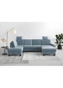 Wohnlandschaft Home Affaire "Summer U-Form", blau (blau, grau), B:314cm H:91cm T:170cm, 100% Polyester, Sofas, Wohnlandschaft, mit oder ohne Schlaffunktion und Bettkasten, wengefarbene Holzf&uuml;&szlig;e