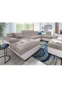 Wohnlandschaft COTTA "Speedway U-Form", beige (schlamm, schlamm), B:332cm H:79cm T:102cm, Kunstleder SOFTLUX / Luxus-Microfaser (100% Polyester);Flachgewebe (100% Polyester) / Struktur fein ( 100% Polyester);Kunstleder SOFTLUX / Struktur (100% Polyester), Sofas, Wohnlandschaft, mit Kopfteilverstellung, wahlweise mit Schlaffunktion & Bettkasten