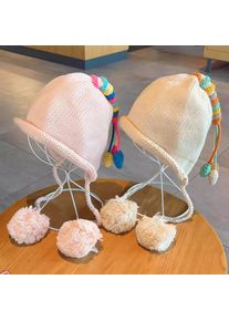Rainbow Tail Children Ear Protection Hat Winter Warm Kids Woolen Hats Pompom Beanies 1-4Year Baby Pullover Cap Headgear Bonnet