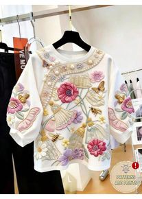 2D Digital Print Ethnic Style Women's Retro Floral Print Round Neck Top with Puff Sleeves, Summer Style, Decorative Pattern Print, Long Sleeves, Loose Fit, Drop Shoulder Design, Age-Reducing Women's Top