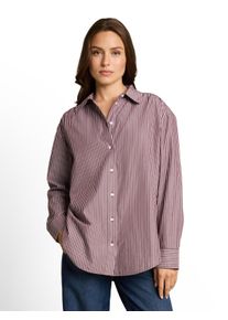 Hemdbluse Tom Tailor "Loose", Damen, Gr. 44, braun (preppy plum wei&szlig; stripe), Obermaterial: 50% Baumwolle, 50% Lyocell, regular fit Po-bedeckend, Manschette, Blusen Hemdbluse, mit Manschetten