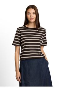 Kurzarmshirt Tom Tailor, Damen, Gr. XS, braun (braun beige), Jersey, Obermaterial: 100% Baumwolle, gestreift, normal h&uuml;ftbedeckend, Rundhals, abgesteppte Kante, Shirts Kurzarmshirt, Sommershirt mit Prints und Rundhals
