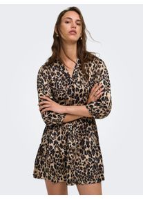 Tunikakleid Only "ONLALENA 3/4 MINI DRESS WVN", Damen, Gr. XL, N-Gr, pumice stone aop:schwarz leo, Web, Obermaterial: 100% Polyester, bedruckt, regular fit kurz, V-Ausschnitt, Kleider Tunikakleid, Polyester, regular fit