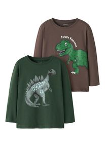 Langarmshirt name it "NMMNEDIN 2P LS NREG TOP BOX PB", Jungen, Gr. 116, bunt (shopping bag pack:sycamore), Jersey, Obermaterial: 100% Baumwolle, bedruckt, normal, Rundhals, Shirts Langarmshirt, Baumwolle, regular fit, Dino Druck