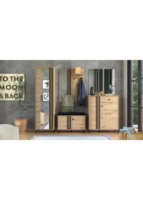 Garderoben-Set Home Affaire "LAVAL, Flurm&ouml;bel, Dielenm&ouml;bel, Flurschrank, Flurgarderobe B= 221 cm", artisan eiche, B:221cm H:192,5cm T:40cm, Glas, Kunststoff, MDF, Metall, Spanplatte, Kastenm&ouml;bel-Sets, Garderoben-Set, Inkl. 2 Schr&auml;nken, Sitzbank, Garderobenpaneel und Wandspiegel