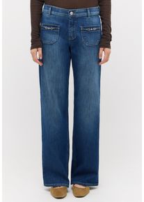 Gerade Jeans Angels "LIZ GLORY", Damen, Gr. 46, L&auml;nge 30, mid blau used, Denim/Jeans, Obermaterial: 91% Baumwolle, 6% Polyester, 3% Elasthan, lang, Jeans Gerade Jeans, Wide Leg, mit Schmuckelementen an den Vordertaschen