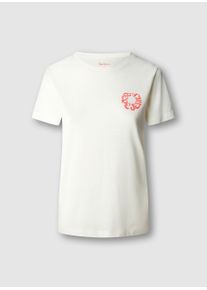 T-Shirt Pepe Jeans "BECKA", Damen, Gr. S, wei&szlig; (mousse wei&szlig;), Single Jersey, Obermaterial: 100% Baumwolle, unifarben, h&uuml;ftbedeckend, Rundhals, abgesteppte Kante, Shirts T-Shirt, aus Baumwolle, Rundhalsform