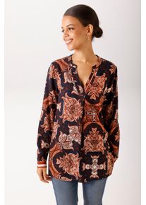 Schlupfbluse Aniston CASUAL, Damen, Gr. 48, marine, wollwei&szlig;, braun, dunkelbraun, blau, Web, Obermaterial: 100% Viskose (LENZING&trade; ECOVERO&trade;), bedruckt, gemustert, figurumspielend Po-bedeckend, V-Ausschnitt, 1-Knopf-Manschette, Blusen Schlupfbluse, mit fantasievollen Ornamenten bedruckt - NEUE KOLLEKTION