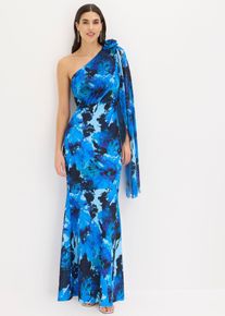 Abendkleid mit One-Shoulder und Blumen-Applikation, blau, Gr&ouml;&szlig;e 40, bonprix