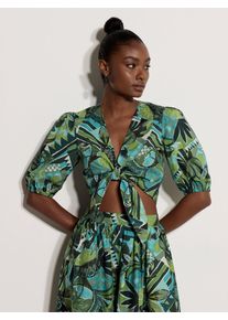 Druckbluse Apricot "Top mit Patchwork-Muster aus tropischen Bl&auml;ttern", Damen, Gr. L (40), blau (aqua), gewebt, Obermaterial: 100% Baumwolle CO., bedruckt, normal, V-Ausschnitt, Puff&auml;rmel Elastisch, Blusen Druckbluse, Bindeband vorne