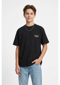 Jack & Jones T-Shirt JACK & JONES JUNIOR "JORNORREBRO TYPO TEE SS CREW NECK SN JNR", Jungen, Gr. 140, schwarz, Single Jersey, Obermaterial: 100% Baumwolle, bedruckt, relaxed fit normal, Rundhals, Shirts T-Shirt