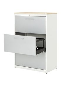 Mauser Hangmappenkast, kunststof blad, 3 laden, 2 rijen, met sluitdemping, zuiver wit / blank aluminiumkleurig / ahornhoutdecor