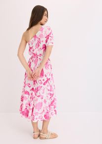 bonprix Sukienka one-shoulder ze strukturalnej wiskozy z nadrukiem, biały, 48