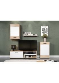 Wohnwand Home Affaire "Valetta inkl. TV-Kommode, H&auml;nge-Vitrine, Sideboard und Wandregal", wei&szlig; (eiche und wei&szlig;), B:205cm H:180cm T:35cm, Holzwerkstoff, Kunststoff, Kastenm&ouml;bel-Sets, Wohnwand, inkl. Lowboard, H&auml;ngeschrank, Wandboard und Highboard