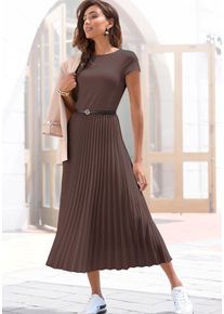Midikleid Lascana "mit Plisseerockteil, b&uuml;gelfreie Qualit&auml;t", Damen, Gr. 44, N-Gr, braun, Web, Obermaterial: 100% Polyester. Obermaterial 2: 100% Polyester, unifarben, figurumspielend Midi, Rundhals, Kleider Midikleid, elegantes Sommerkleid, Festkleid, Plisseekleid, modisch, Topseller