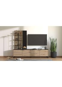 Wohnwand Home Affaire "Margate inkl.TV-Board und Standregal", schwarz (artisan eiche, schwarz), B:208cm H:167cm T:40cm, Hartfaserplatte, Holzwerkstoff, MDF, Kastenm&ouml;bel-Sets, Wohnwand, 208 cm, mit dekorativen schwarzen Streifen, metallgriffe