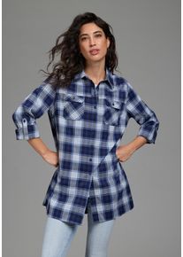 Karobluse Arizona "Karotunika", Damen, Gr. 46, blau (blau, kariert), Web, Obermaterial: 97% Baumwolle, 3% Elasthan, kariert, l&auml;ssig geschnitten lang, Krempel&auml;rmel, Blusen Karobluse, Tunika, Topseller